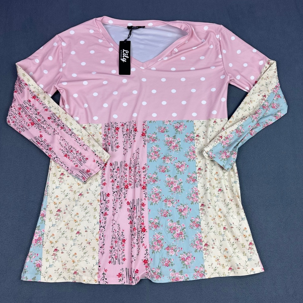 Lily by Firmiana Pink Polka Dot Floral Patchwork Tunic Top Long Sleeve Large NWT